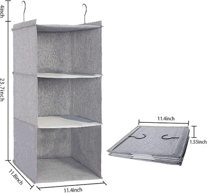 Hanging Closet Organizer, Easy Mount Collapsible 3-Shelf Camper Closet Wardrobe Hanging Storage Shelves, Folded Clothes Towels Handbag Shoes Accessories Storage, Linen Cloth, Gray