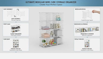 12-Cube Storage Organizer, Metal Wire Cube Shelving Unit, 11.8" L x 11.8" W x 11.8" H, Modular Grid Bookshelf for Closet, Bedroom, Office, White ATTJL12W
