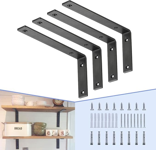 CLT Black Shelf Bracket, 12” X 5” Quarter Inch (1/4") Thick- Max Load: 440 lb Rustic Industrial Modern Farmhouse Heavy Duty Cold Rolled Steel Bracket for Table Bench, Space Saving DIY, Pack of 4