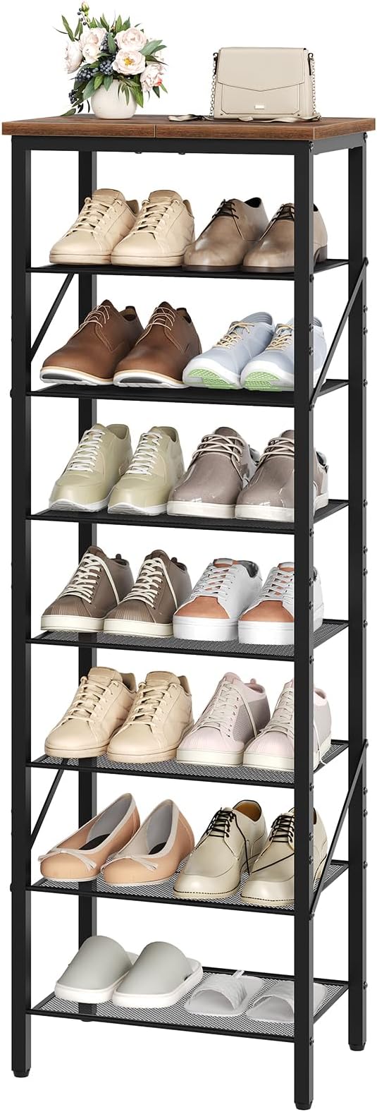 8-Tier Narrow Shoe Rack, Vertical Shoe Storage Organizer, for 12-24 Pairs, Shoe Shelf with Metal Frame, for Hallway, Entryway, Living Room, Rustic Brown and Black SRHR08401