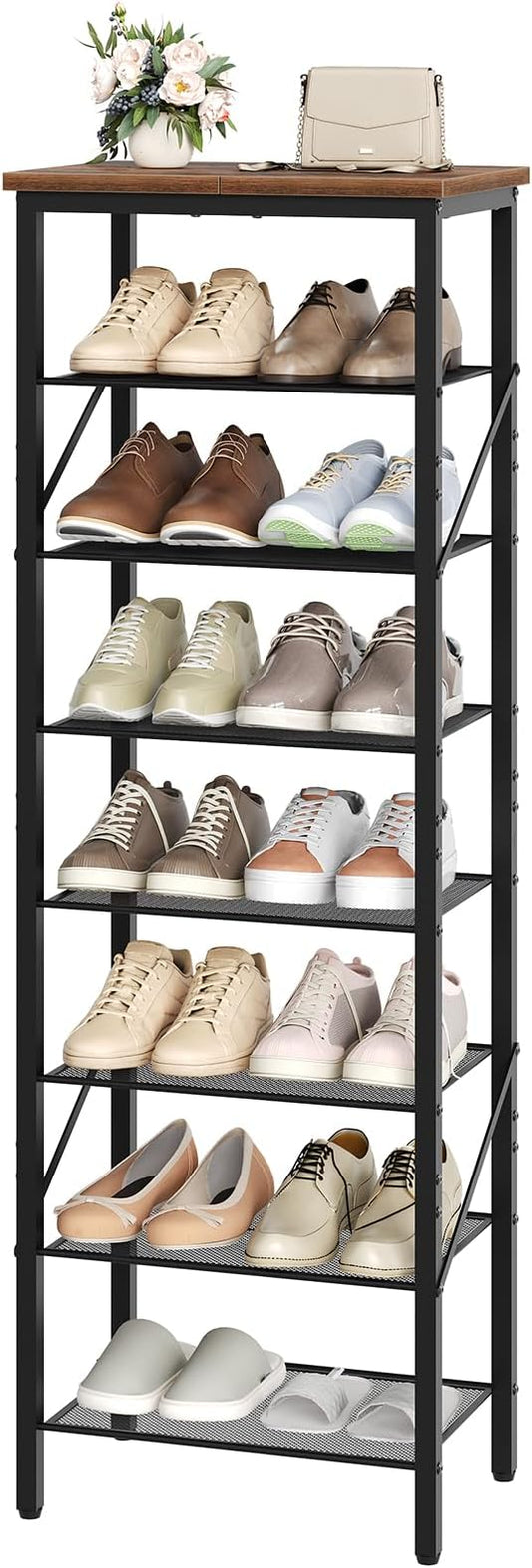 8-Tier Narrow Shoe Rack, Vertical Shoe Storage Organizer, for 12-24 Pairs, Shoe Shelf with Metal Frame, for Hallway, Entryway, Living Room, Rustic Brown and Black SRHR08401