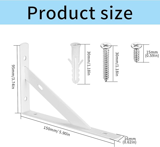 8 Pcs Heavy Duty Floating Metal Shelf Brackets, L Shaped Wall Mount Shelves Support Angle Brackets (3.7 x 6 inch White)