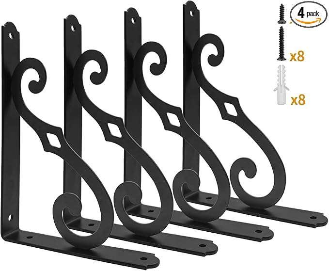 Yarssihha 10 Inch Decorative Shelf Brackets, 4 Pack Wall Mounted Metal Shelving Brackets, Heavy Duty Shelf Supports, Rustic L Shape Brackets for Floating Shelves DIY Home Kitchen, with Screws