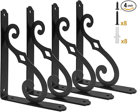 Yarssihha 10 Inch Decorative Shelf Brackets, 4 Pack Wall Mounted Metal Shelving Brackets, Heavy Duty Shelf Supports, Rustic L Shape Brackets for Floating Shelves DIY Home Kitchen, with Screws