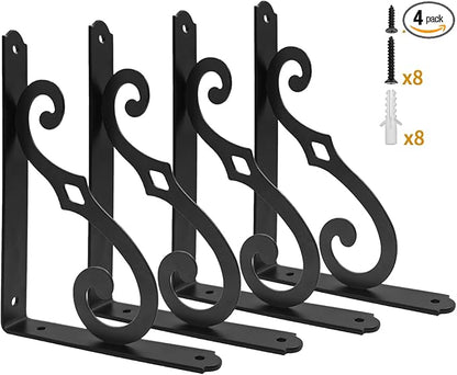 Yarssihha 8 Inch Decorative Shelf Brackets, 4 Pack Wall Mounted Metal Shelving Brackets, Heavy Duty Shelf Supports, Rustic L Shape Brackets for Floating Shelves DIY Home Kitchen, with Screws