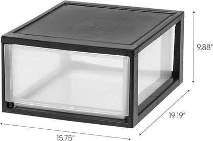IRIS USA 30 Qt. Plastic Drawer Storage Organizer Stacking Drawers, 2-Pack, Stackable Unit with Sliding Drawer for Clothes Bedroom Kitchen Under Sink Pantry Craft Room Bathroom Dorm Office, Black