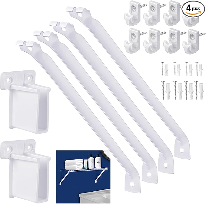 12 Inch Wire Shelf Brackets Set, Includes 4Wire Rack Support Brackets, 8Wire Shelf Clips and 2 End Brackets,Suitability for Wardrobe and Wall Bracket Installation (4, 12 Inch)