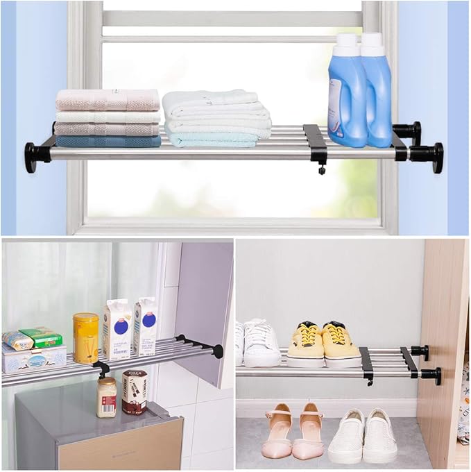BAOYOUNI Adjustable Shelving Expandable Closet Shelves Tension Rod Clothes Hanger Storage Rack DIY Cabinet Wardrobe Kitchen Bathroom Divider Separator Organizer, Black, 2 Pack
