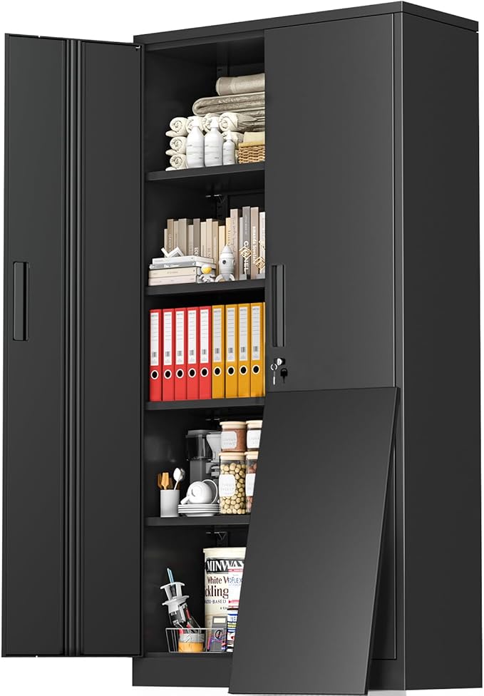 Greenvelly Storage Cabinet, 72” Black Garage Steel Locking Cabinet with Doors and 4 Adjustable Shelves, Tall Lockable File &Tool Cabinet for Home Office, Metal Classroom Cabinet Basement