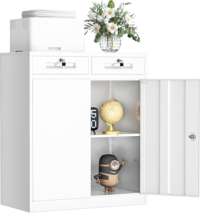 INTERGREAT Metal Storage Cabinet with 2 Drawers,36" White Metal Cabinets with Doors and Shelves, Garage Cabinet with Lock for Home Office, Garage, School, Apartment,Warehouse