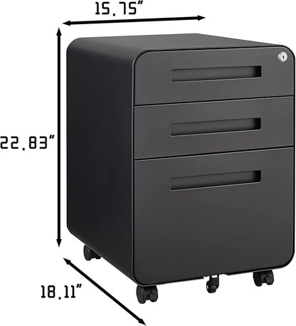 GarveeHome 3 Drawer Mobile File Cabinet with Lock, Under Desk Metal Filing Cabinet for Home Office, Under Desk Storage with 5 Wheels for A4/Letter/Legal Size, Fully Assembled
