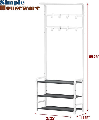 Simple Houseware Space-Saving Coat Rack with Storage Shelf, Black Freestanding Hall Tree Organizer with Hooks for Entryway, Bedroom, Office, Coats, Hats, Jackets, Scarves - White