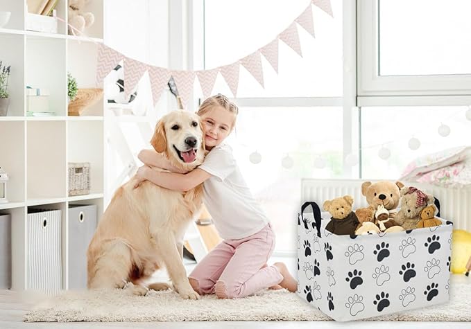 Essme Rectangular Dog Basket,Kids Storage Basket with Handles for Room Decor, Dog Bins,Puppy Storage Bin（Dog Paw）