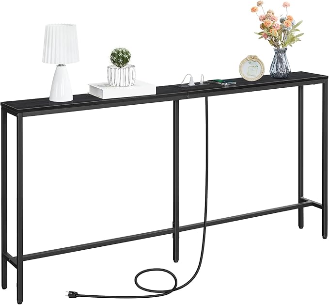 63" Console Table with Power Outlet, Narrow Sofa Table, Industrial Entryway Table with USB Ports, Behind Couch for Entryway, Hallway, Foyer, Living Room, Black CTHB16E01