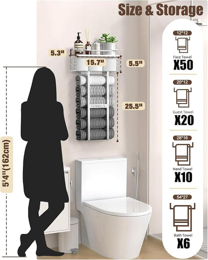 Towel Racks for Bathroom - Wall Mounted Metal Rack with Wood Plank, Bathroom Storage Organizer, Towel Holder Stores 6 Large Rolled Towels Easily, Silver with White Plank