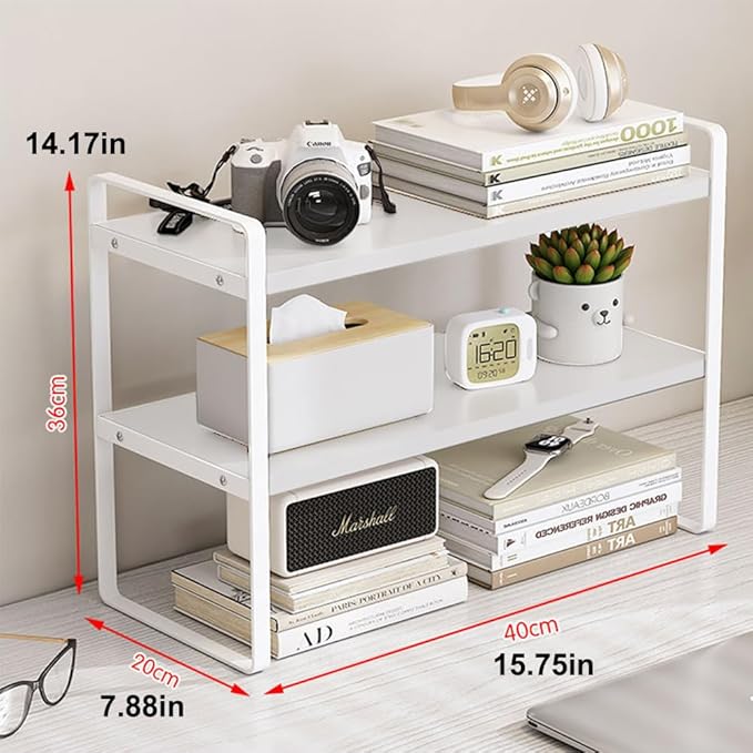 Hbluefat Desktop Organizer Shelf, 2-Tier Multipurpose Tabletop Storage Bookshelf, Small Wooden Countertop Storage Rack for Home Office Kitchen (White+White)
