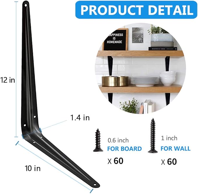 20 Pack Shelf Brackets 12 inches, Heavy Duty Black Iron Metal Floating Shelf Bracket, Rustic Farmhouse Decorative L Brackets for Shelves, Wall Mount Corner Brace for Wood Boards