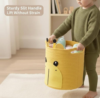 Kids Laundry Basket & Toy Storage Organizer | Large Giraffe Woven Cotton Rope Bin for Stuffed Plushies | Animal Face Hamper with Cutout Handles for Nursery, Playroom & Kid's Bedroom (Giraffe)