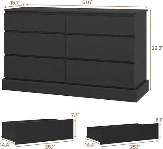 DICTAC 6 Drawers Dresser for Bedroom, Black Modern Chest of Drawers, Storage Tower Clothes Organizer Closet, Long Double Dresser with No Handle Drawers, Dimensions 51.6''L x 15.7''D x 29.3''H