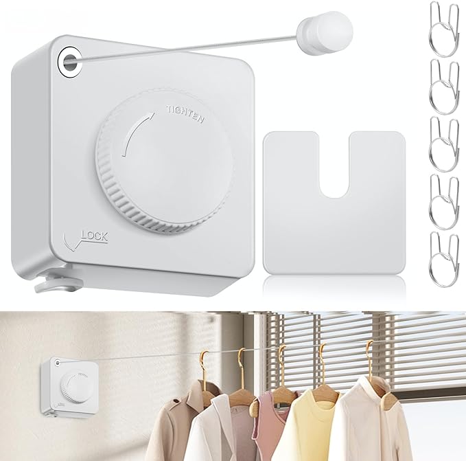 Retractable Clothesline Indoor, Non-Sagging Clothes Line Retracting Outdoors,15.6Ft Heavy Duty Clothes Drying Laundry Line, Wall Mounted Clothesline with 5pcs Stainless Steel Hooks (White)