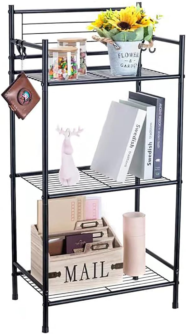 L&H UNICO 3-Shelf Tier Standing Unit Storage Wire Shelving Multipurpose Rack Organizer with 4-Hooks for Bathroom Laundry Kitchen Office, Black