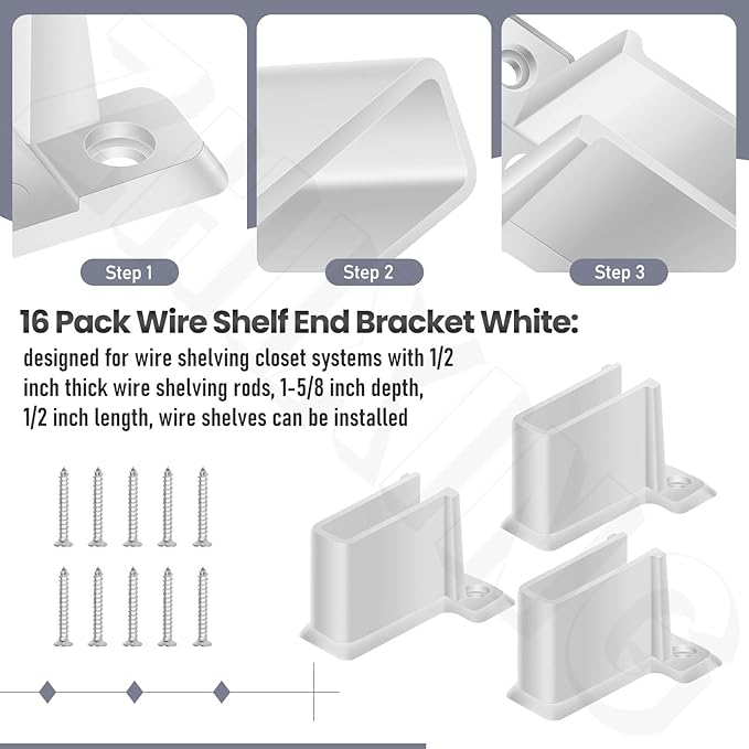 16 Pack Wire Shelf End Bracket, White Plastic Closet Shelves Brackets Closet Shelves Support Plastic Wall Mount Shelf Brackets, w/Screws and Expansion Anchors