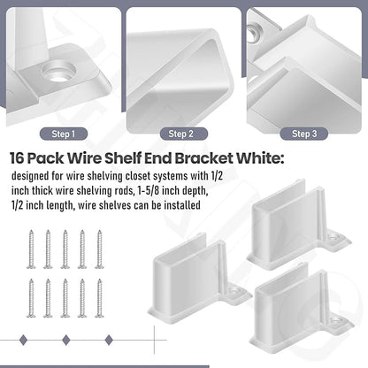 16 Pack Wire Shelf End Bracket, White Plastic Closet Shelves Brackets Closet Shelves Support Plastic Wall Mount Shelf Brackets, w/Screws and Expansion Anchors
