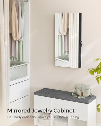 SONGMICS Mirror Jewelry Cabinet Armoire with Built-in LED Lights, Wall or Door Mounted Jewelry Storage Organizer, 3.8 x 14.6 x 26.4 Inches Hanging Mirror Cabinet, Gift Idea, Black UJJC050B01