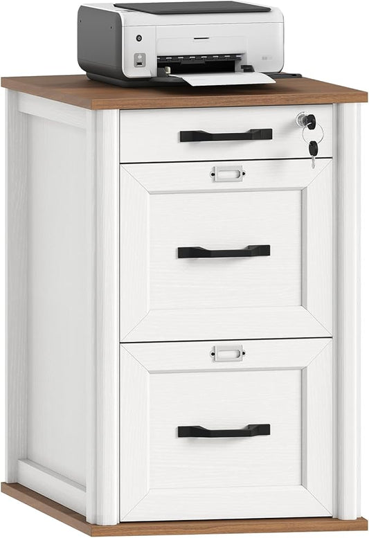 3 Drawer File Cabinet with Lock, Wooden Farmhouse Filing Cabinet with Storage Fits Letter and A4 Size, Vertical Printer Stand for Home Office, Walnut and White