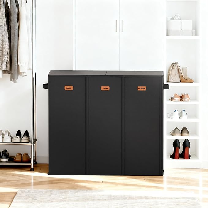 185L Laundry Hamper 3 Section with Lid, Black Dirty Clothes Hamper with 3 Removable Laundry Bags, Large Laundry Basket for Bedroom, Laundry Room, Dorm