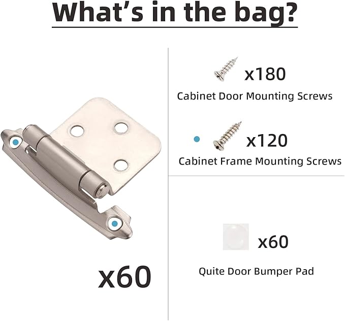 DecoBasics Cabinet Hinges Brushed Nickel for Kitchen Cabinets Doors (30 Pair -60 Pcs) -1/2" Overlay (Variable) -Self Closing Kitchen Cabinet Hinges Flush Mount w/Silicon Bumpers & Hardware Screws