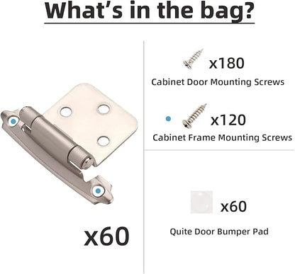 DecoBasics Cabinet Hinges Brushed Nickel for Kitchen Cabinets Doors (30 Pair -60 Pcs) -1/2" Overlay (Variable) -Self Closing Kitchen Cabinet Hinges Flush Mount w/Silicon Bumpers & Hardware Screws