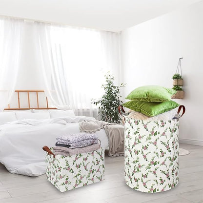 Large Round Canvas Linen Laundry Hamper,Waterproof Storage Bin for Books/Clothes, Laundry Basket, Gift Basket(Eucalyptus leaves)