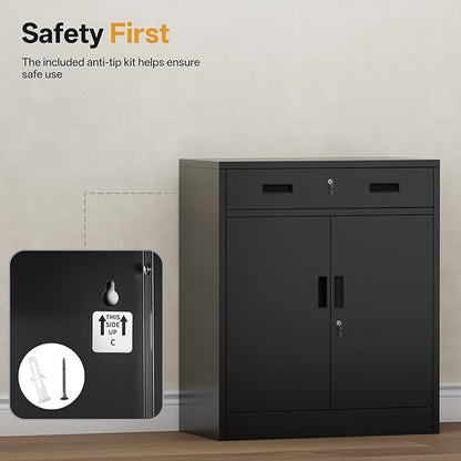Metal Storage Cabinet 36" H, Garage Storage Cabinet with 2 Lockable Doors and 1 Drawer, Steel File Cabinets with Adjustable Shelves for Home Office, Garage, School, Apartment, Warehouse