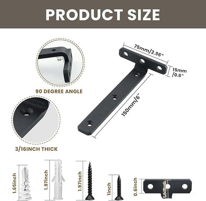 Alise Shelf Brackets 6 Inch,Heavy Duty Floating Shelf Bracket Mounting Brackets,Hidden L Brackets for Shelves,Metal Decorative Shelf Brackets Wall Shelf Supports Brackets DIY,Black,Pack of 4