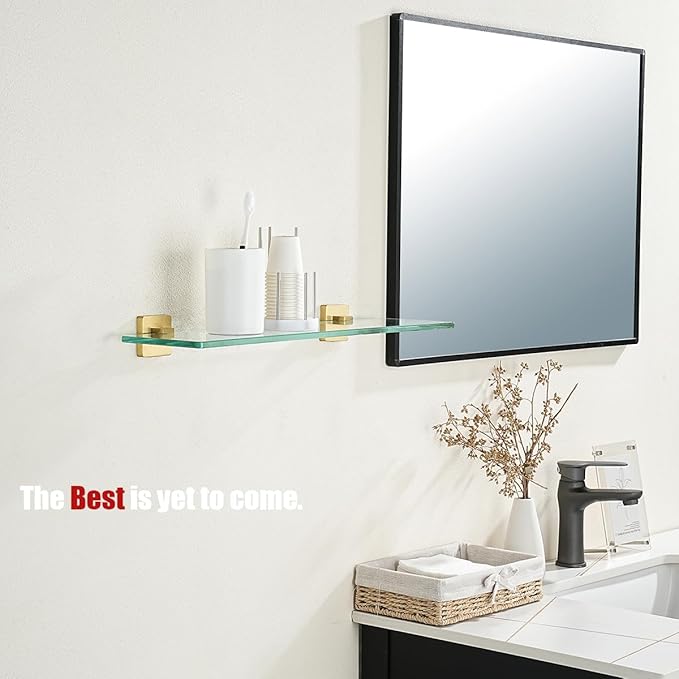 JQK Bathroom Glass Shelf, Floating Tempered Glass Shower Storage 24 by 5 inches, 304 Stainless Steel Brushed Gold Wall Mount, TGS201L24-BG