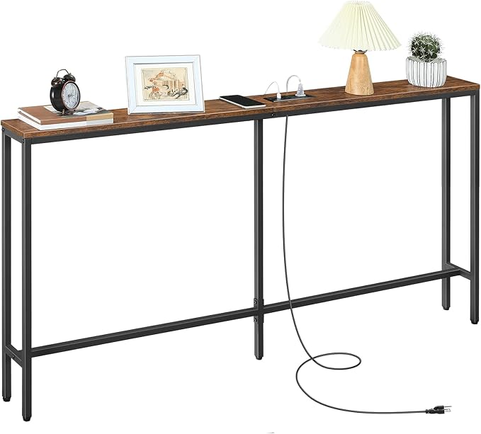 63'' Skinny Console Table with Charging Station, Narrow Long Sofa Couch Table, Easy Assembly, Entryway Table for Living Room, Foyer, Hallway, Rustic Brown CTHR165E01Z1