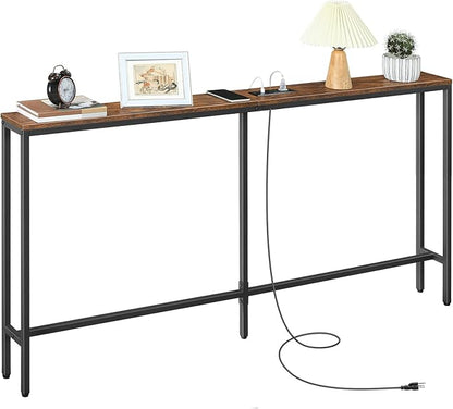 63'' Skinny Console Table with Charging Station, Narrow Long Sofa Couch Table, Easy Assembly, Entryway Table for Living Room, Foyer, Hallway, Rustic Brown CTHR165E01Z1