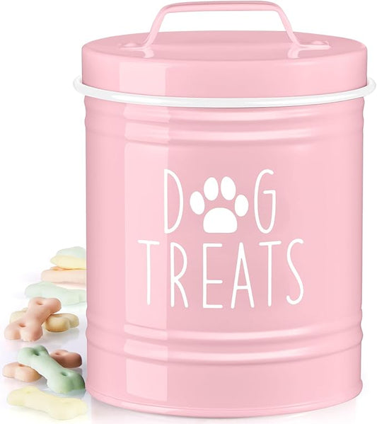 Pink Small Dog Treat Container Airtight - 6" Tall X 4.9" Round Pink Dog Treat Jar for Kitchen Counter - Rustic Treat Storage Canister for Dogs, Cats, Small Animals - Gifts for Pet Owners