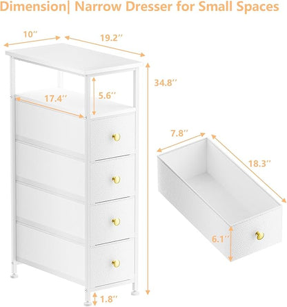 Narrow Dresser for Bedroom, Slim Dresser Storage Tower, Chest of 4 Fabric Drawers with Wood Shelf, Bathroom Organizers and Storage for Small Spaces, Laundry, Closet, White