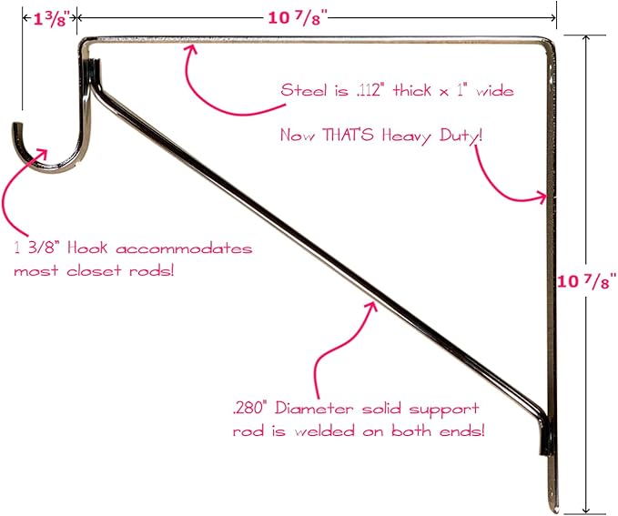 Welded HEAVY DUTY Closet Rod & Shelf Support Bracket | Chrome | 2 Pack
