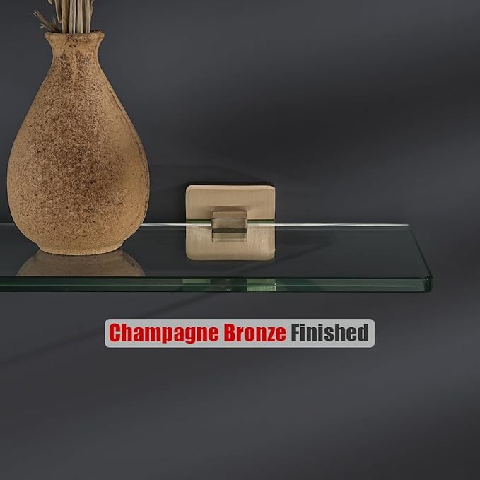 JQK Bathroom Glass Shelf, Floating Tempered Glass Shower Storage 20 by 5 inches, 304 Stainless Steel Champagne Bronze Wall Mount, TGS201L20-CB