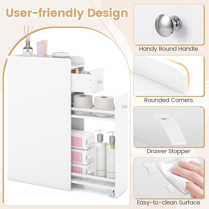 Tangkula Slim Bathroom Storage Cabinet, 4-Tier Narrow Small Side Storage Cabinet Next to Toilet, Slide Out Drawers on Casters, Bathroom Floor Organizer Toilet Paper Holder for Small Spaces (White)