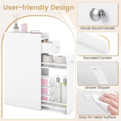 Tangkula Slim Bathroom Storage Cabinet, 4-Tier Narrow Small Side Storage Cabinet Next to Toilet, Slide Out Drawers on Casters, Bathroom Floor Organizer Toilet Paper Holder for Small Spaces (White)