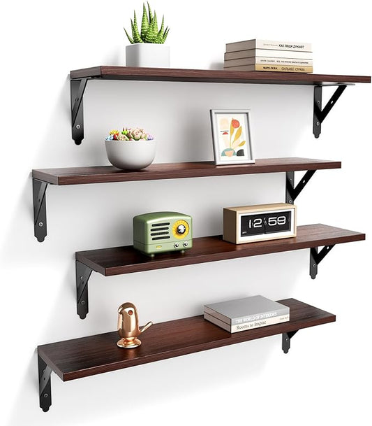 Wood Floating Shelves Set of 4, Rustic Storage Decor Wall Shelves, Wall Mounted Shelf for Living Room, Bedroom 23.6" x 6", Brown