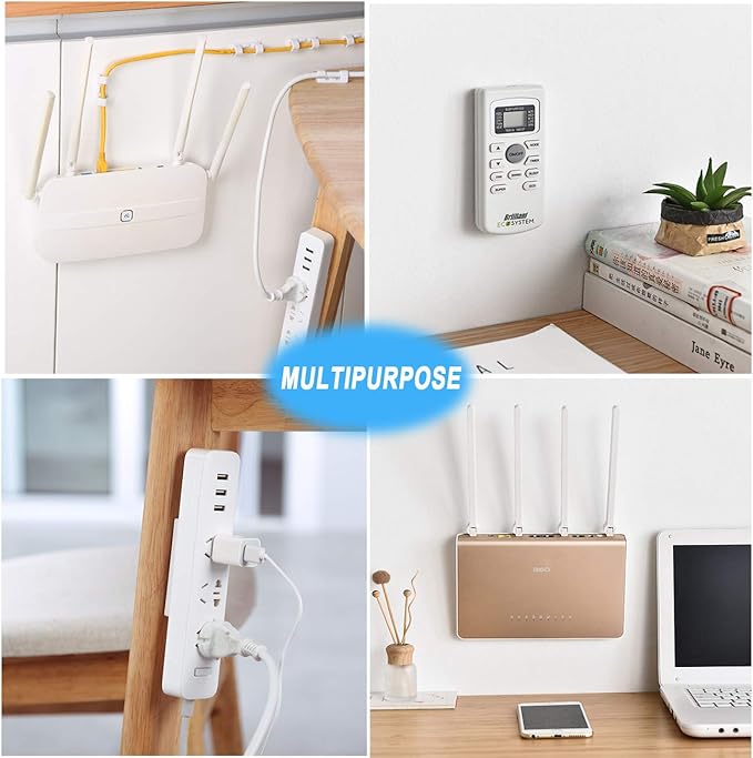 ACKLLR 4 Pack Self Adhesive Power Strip Holder Fixator Wall Mount Plug-in Socket Fixer Bracket Stand with 16 Pcs Cable Organizer Clips Clear for Remote Control Router Desk Computer Kitchen Home Office