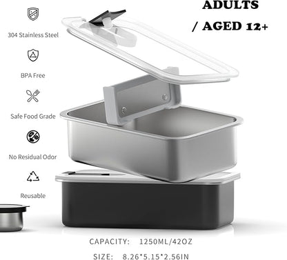 Stainless Steel Bento Lunch Box for Adult, 42oz Leak-Proof Lunch Box Containers, Microwave-Safe, with Adjustable Divider, Convenient Metal Lunchbox for Work, Travel