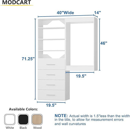 Modular Closet System, 40" Wide Closet Organizer System with Tower and Drawers, Wood Tower Closet Storage for Walk In Closets, Wall Mounted Wardrobe Organizer Kit System, Bedroom, White