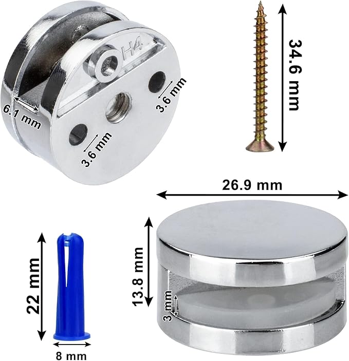 AccEncyc Upgraded 3-5mm Frameless Mirror Mounting Hardware 8 Pack Dual-Screw Fixing Mirror Mounting Kit with Heavy Duty Long Screws and Anchors