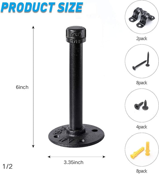 1/2" Industrial Black Iron Pipe Shelf Brackets, Rustic Wall Mounted DIY Shelving Bracket Hanging Custom Pipe Brackets for Floating Shelves (6 Inch, Piece, 2.0)